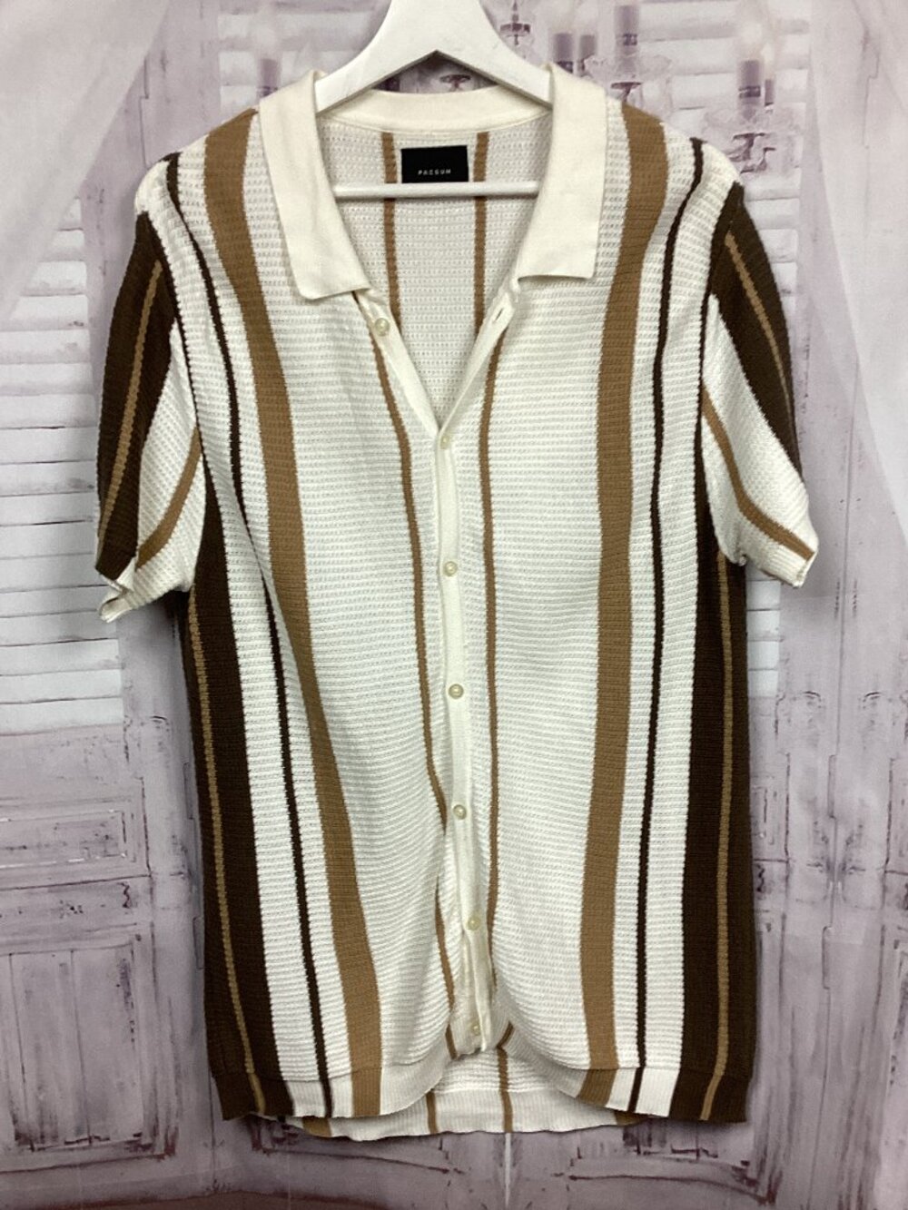 PacSun Textured Knit Polo Brown Cream Stripe Button Front M
